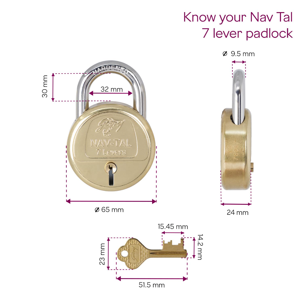 Godrej Locks | Navtal 7 Lever with 21mm Shut Height | 65mm | Heavy Duty Brass Lock with Hardened Steel Shackle | 2 Keys | for Main Doors, Gates, Shutters, Lockers and Warehouses | 1 Yr Warranty I 3290